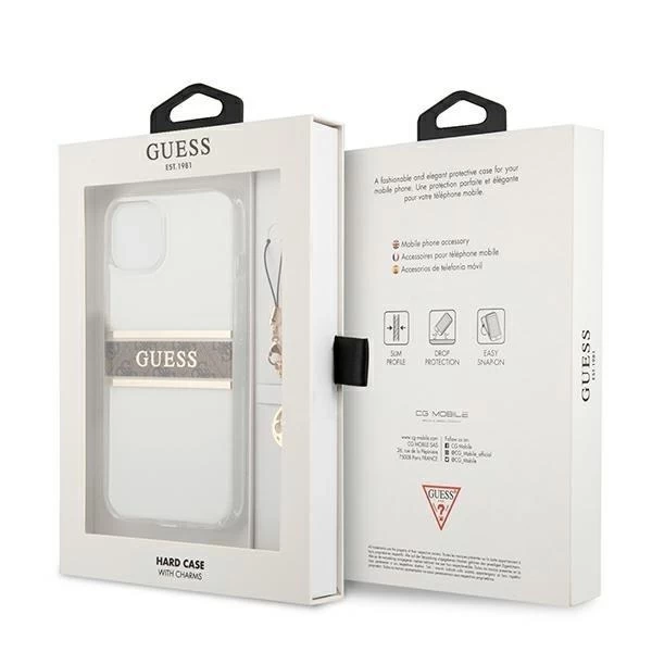 Guess GUHCP13SKB4GBR iPhone 13 mini 5,4" průhledný pevný obal 4G Brown Strap Charm