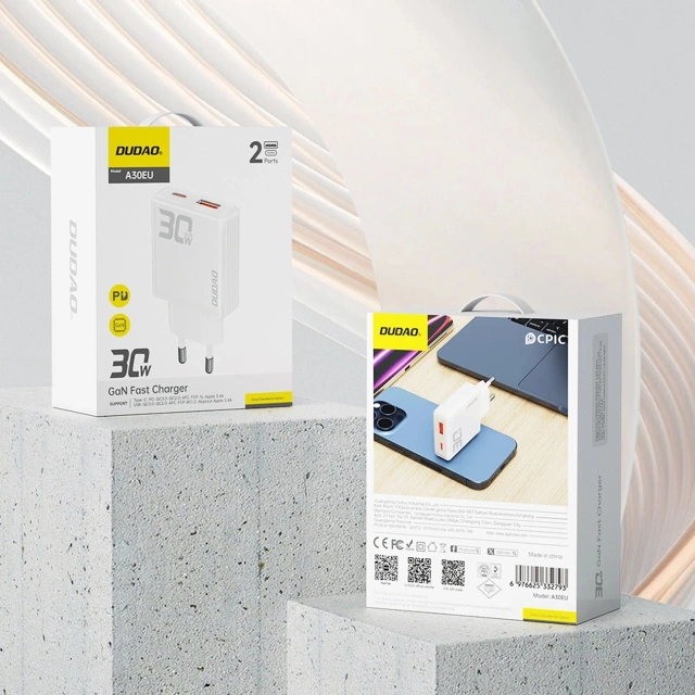 Dudao A30EU GaN nástěnná nabíječka 30W USB-A / USB-C - Bílá