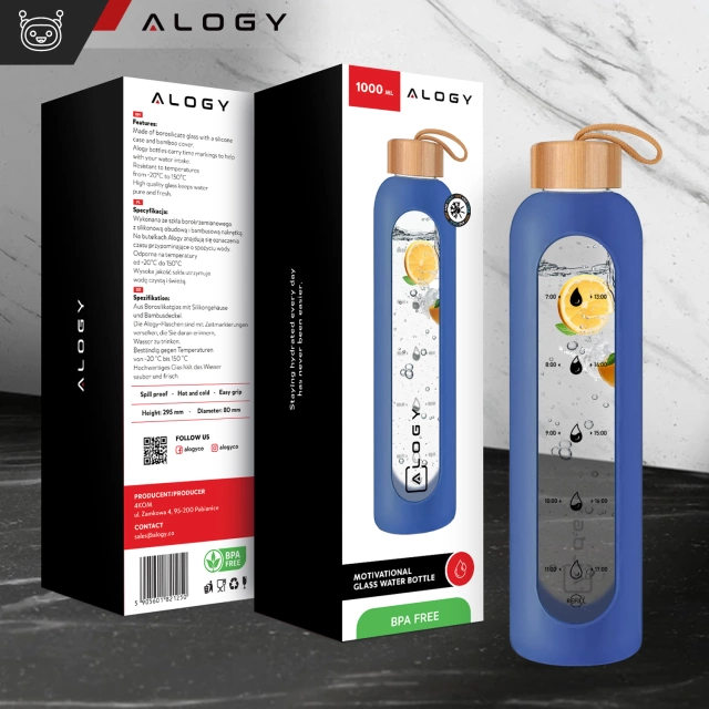 Velká skleněná láhev, láhev na pití Alogy Motivační odměrka 1l 1000ml, silikonové pouzdro Modré
