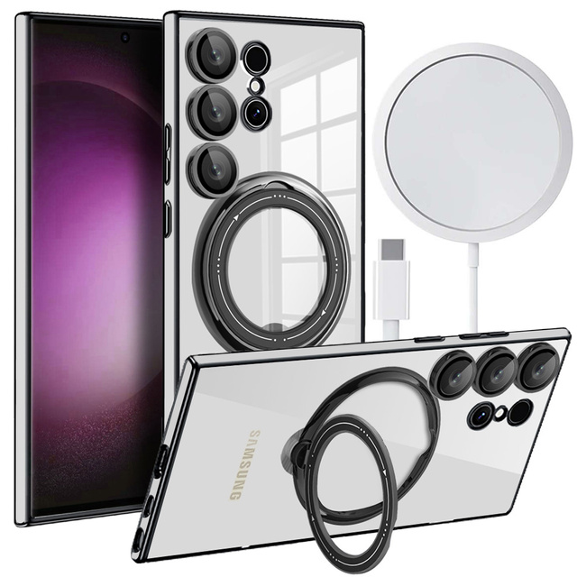 Чохол для Samsung Galaxy S24 Ultra Magnetic Case Ring Mag Safe Clear Holder Magnet Alogy Black Transparent Qi Charger