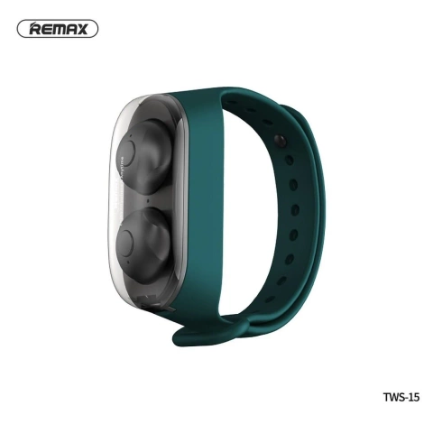 REMAX TWS-15 wireless Bluetooth headphones with a docking station in a smartband