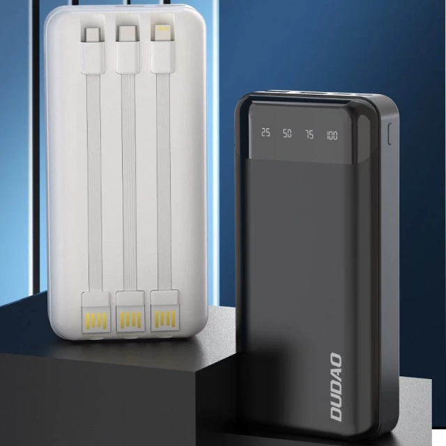 Dudao priestranná powerbanka s 3 vstavanými káblami 20000mAh USB Type C micro USB Lightning biela (Dudao K6Pro)