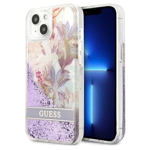 Guess GUHCP13SLFLSU iPhone 13 mini 5,4" fioletowy/fialové pevné puzdro Flower Liquid Glitter
