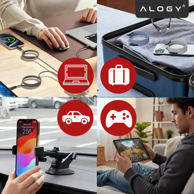 Kabel Zasilający USB-C do USB-C 65W 1m, Szybkie Ładowanie PD, Magnetyczny, Trwały i Elastyczny Przewód Kompatybilny z iPhone, MacBook i Android, Alogy MagiCharge™ – Czarny + Ładowarka Sieciowa 3w1 65W