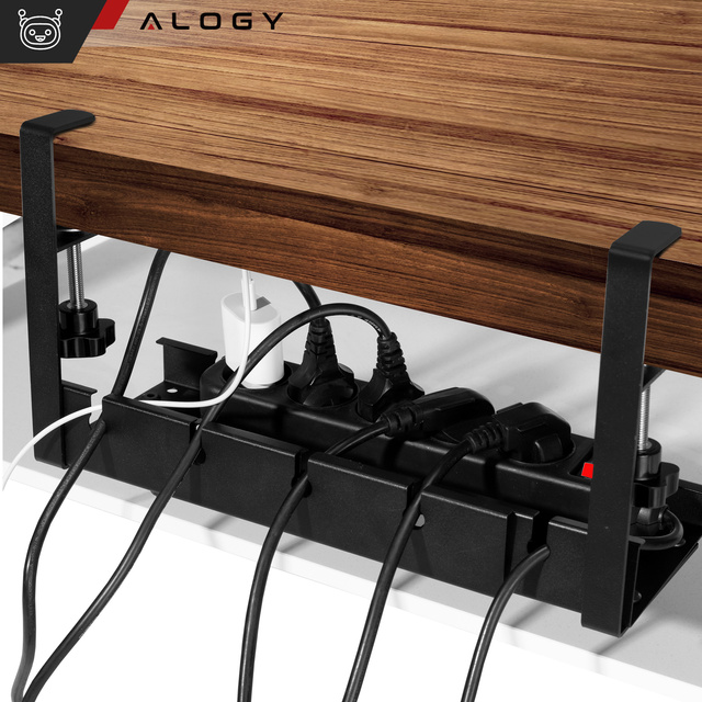Cable organizer under the tabletop, adjustable shelf for cables, desk strip, aluminum holder Alogy Black