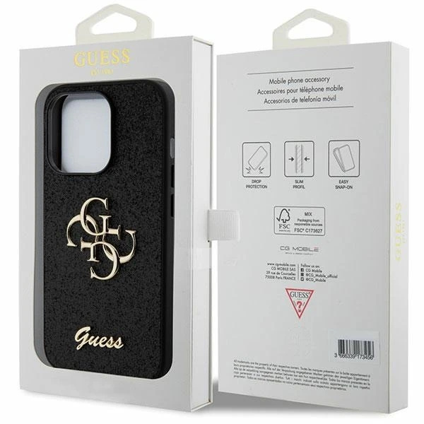 Etui Guess GUHCP15XHG4SGK pre iPhone 15 Pro Max 6,7" čierne/čierne pevné puzdro Glitter Script Big 4G