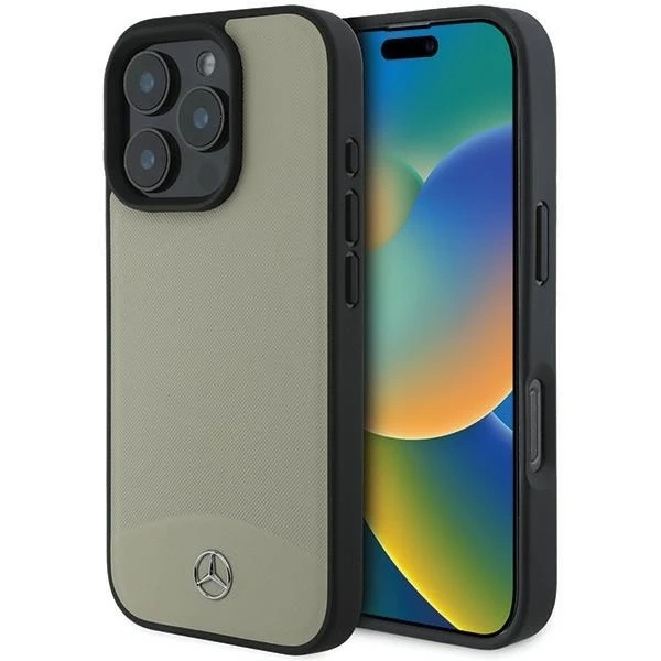 Etui Mercedes na iPhone 16 Pro Max 6,9" Beżowy pevné puzdro MB s textúrou a hladkou kožou MagSafe