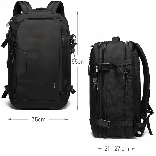 Bange Waterproof Backpack for Laptop 15.6" City Travel Expandable 55 x 35 x 21-27 cm for Airplane Men's Women's Padlock Code Compass Bottle Holder Black
