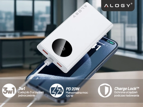 PowerBank Alogy TurboCharge 120W PD PowerDelivery fast charging 10000mAh 2x USB-A 1x USB-C White