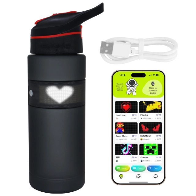 Розумна пляшка для напоїв Alogy FitBottle™ 800 мл зі світлодіодним дисплеєм та Bluetooth-з'єднанням, трубочка, мотивуюча, багаторазова - чорна