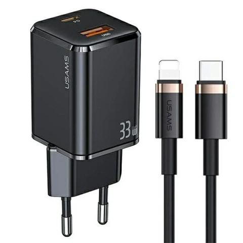 USAMS Nástěnná nabíječka 1xUSB-C 1xUSB T43 33W PD3.0 QC3.0 kabel U63 USB-C na bleskově černá/černá USKTZ01