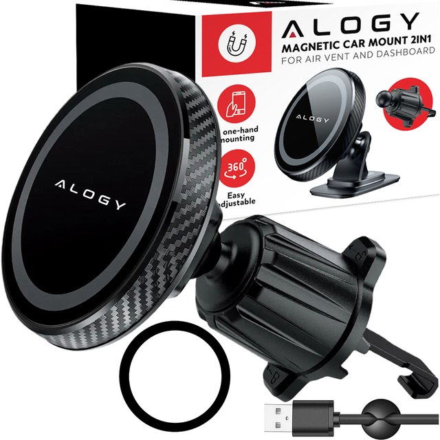 Magnetický držiak telefónu do auta, okno, mriežka, kokpit, palubná doska, auto, telefón, organizér Alogy Black