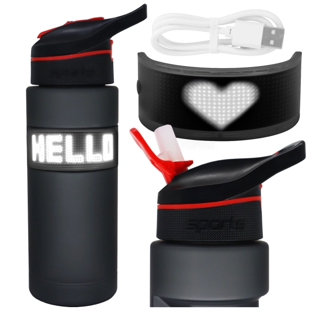 Alogy FitBottle™ 800ml Smart-Trinkflasche mit LED-Display, Bluetooth-Verbindung, Strohhalm, Motivationsfunktion, wiederverwendbar – Schwarz