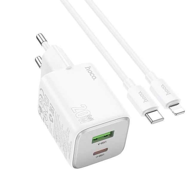 Hoco N41 GaN Ladegerät 20W USB-C USB-A USB-C Lightning Kabel Weiß
