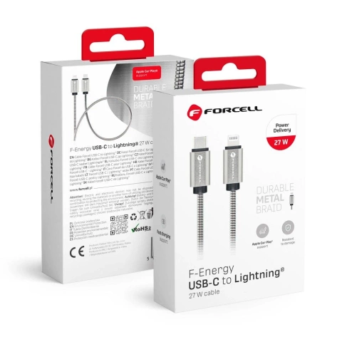 Кабель USB-C до Lightning 27 Вт 1 м Forcell Stalowy PD iPhone iPad