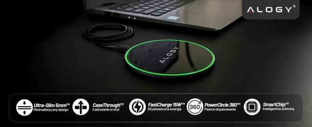 QI bezdrôtová indukčná nabíjačka 15W rýchla LED Alogy okrúhla pre iPhone USB-C kábel Čierny