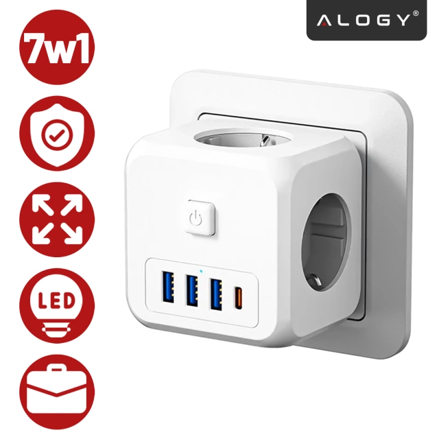 Netzwerk Splitter Splitter Ladegerät Adapter Dieb 3 Steckdosen EU 3x USB USB-C C 7in1 Alogy Weiß