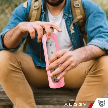 Veľká sklenená fľaša na pitie Alogy Motivačná odmerka 1l 1000ml silikónové puzdro Ružové