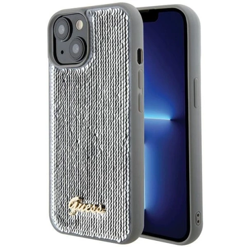 Etui Guess GUHCP15SPSFDGSS pro iPhone 15 6,1" srebrny/stříbrný pevný obal Sequin Script Metal