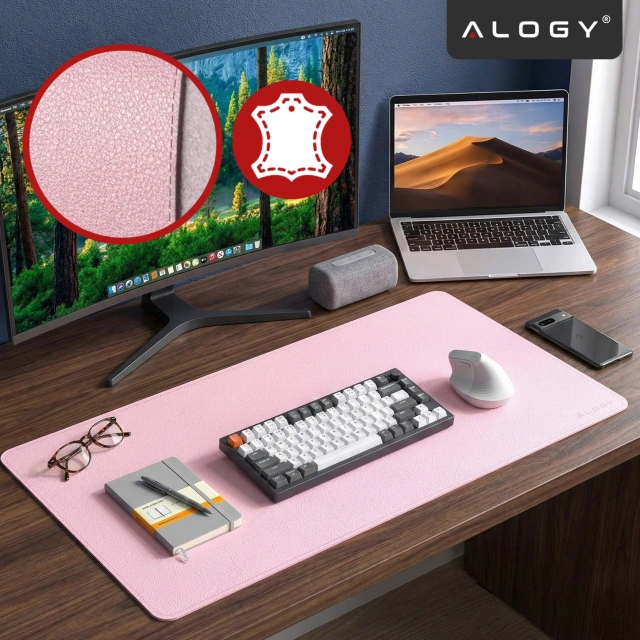 Podkładka na biurko 90×45 cm – antypoślizgowa mata ochronna z eleganckiej ekoskóry PU, pod mysz i klawiaturę, stylowa i trwała – Alogy WorkMat™ Różowa