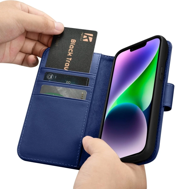 Kožené flipové pouzdro iCarer Wallet Case 2v1 iPhone 14 Plus Anti-RFID modré (WMI14220727-BU)
