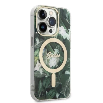 Zestaw Guess GUBPP14XHJEACSA Case Charger iPhone 14 Pro Max 6,7" zielony/zelené pevné pouzdro Jungle MagSafe