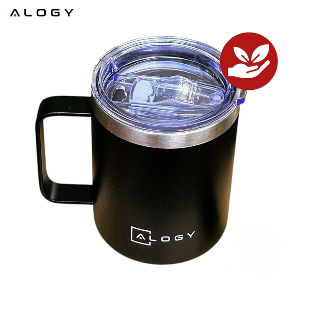 Thermal mug 420 ml with a handle and lid for coffee, tea, steel, cold and hot drinks, Alogy Black