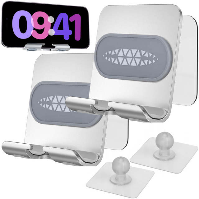 2x Nástěnný držák na telefon tablet 4-12" závěsný háček hliníkový háček na nástěnné zrcadlo Alogy Silver