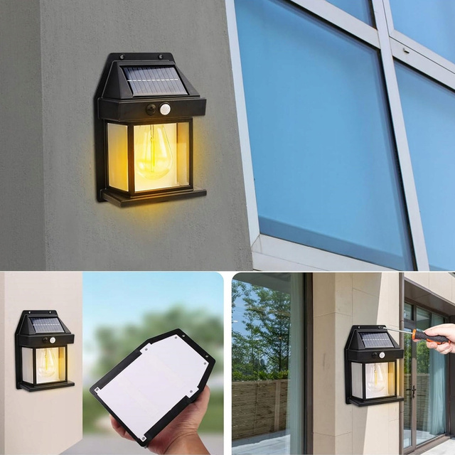 LED solárne fasádne nástenné svietidlo vonkajšie Žiarovka súmrak pohybový senzor vodotesné nástenné retro svietidlo s krytím IP65