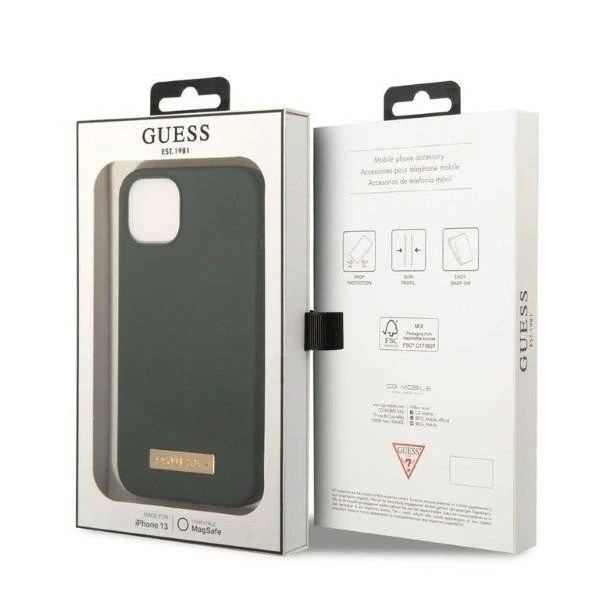 Guess phone case for iPhone 13 6.1" green/khaki hard case Silicone Logo Plate MagSafe