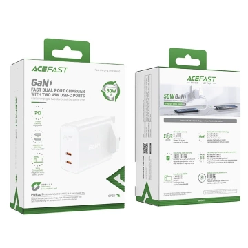 Acefast nástenná nabíjačka GaN (UK zástrčka) 2x USB Type C 50W, Power Delivery, PPS, Q3 3.0, AFC, FCP (A32 UK)