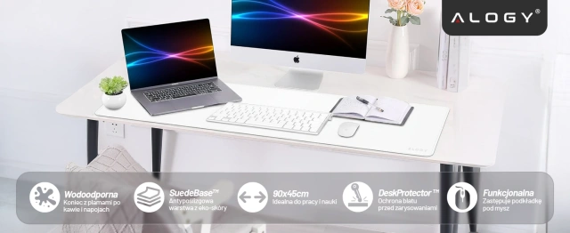 Podložka pod stôl 90×45 cm – protišmyková ochranná podložka z elegantnej PU ekokože, na myš a klávesnicu, štýlová a odolná – Alogy WorkMat™ biela