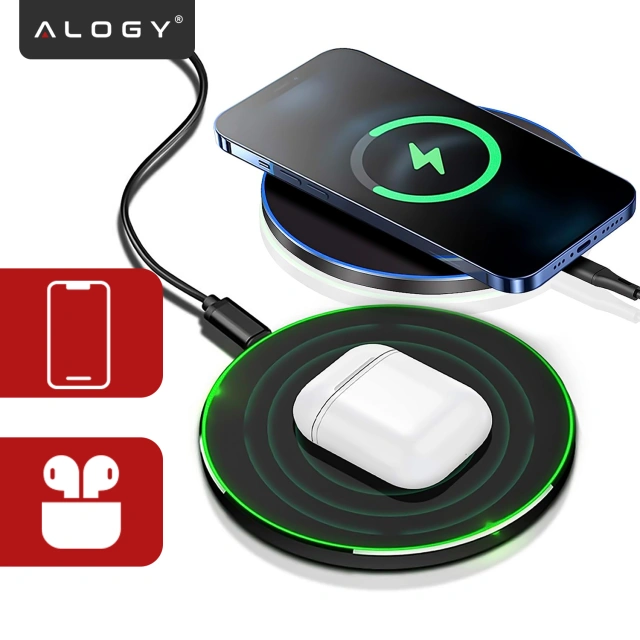 QI bezdrátová indukční nabíječka 15W rychlá LED Alogy kulatá pro iPhone USB-C kabel Černá