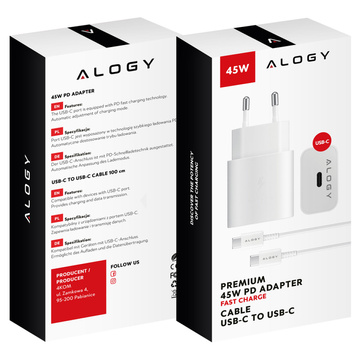 Швидкий настінний зарядний пристрій USB-C типу C PD преміум-класу, 45 Вт, 3 A, кабель Type-C, 1 М Alogy White