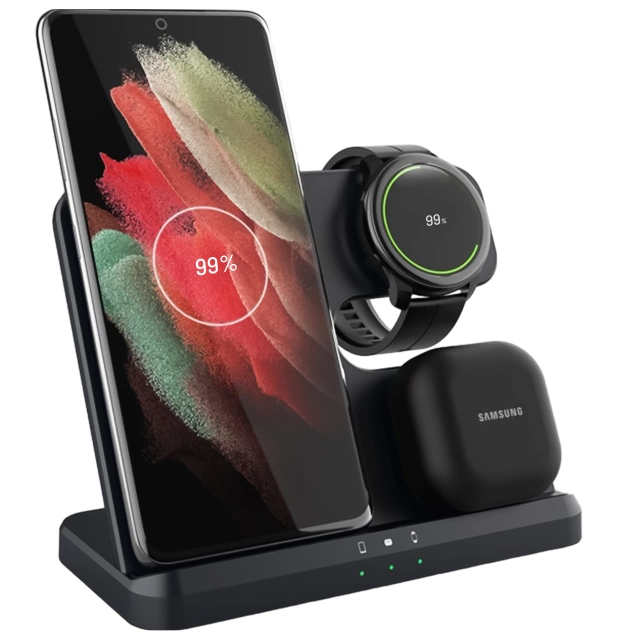 Wireless Inductive Charger 3in1 Qi 3.0 Fast for Samsung S22 S23 S24 Galaxy Watch Buds Station black