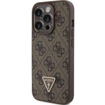 Etui Guess GUHCP15LP4TDPW na iPhone 15 Pro 6,1" brązowý/hnědý pevný obal Kožený 4G Triangle Strass