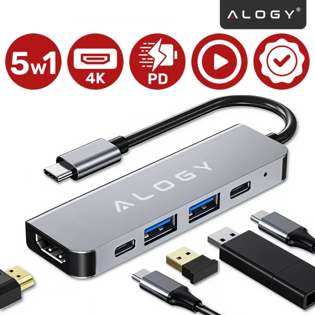 Hub 5w1 USB-C do USB-C PD100W, USB-C, USB.A 2.0, USB.A 3.0, HDMI 4K 30Hz / 1080p 60Hz – Alogy MultiHub™ Do Notebooka Laptopa