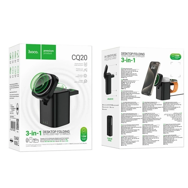 Hoco CQ20 3v1 indukčná nabíjačka 15W pre smartfóny a Apple Watch, slúchadlá, čierna