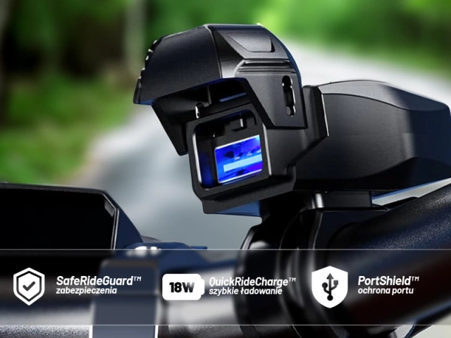 Motocyklová nabíječka Kewig USB-A 18W, rychlé nabíjení QC, vodotěsná IP65 s vypínačem a LED podsvícením, upevnění na řídítka, pro telefon, kameru, interkom – černá