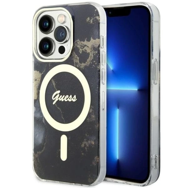 Sada na telefon Guess GUHMP14LHTMRSK pro Apple iPhone 14 Pro 6,1" černý/černý pevný obal Golden Marble MagSafe