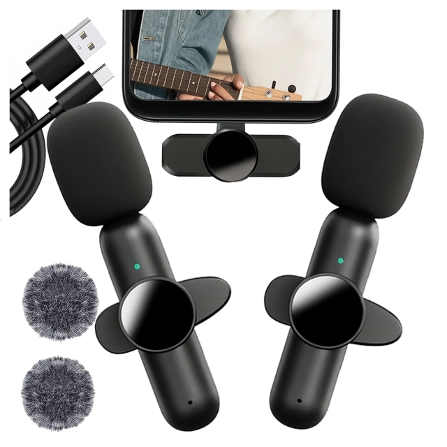 Mikrofon Bezprzewodowy 2x Zestaw - USB-C, redukcja szumu, lekka konstrukcja, zasięg do 20 metrów - 2x Mikrofon Krawatowy z Futerkową Osłoną, Odbiornik do telefonu - Alogy DualVoice™ Czarny