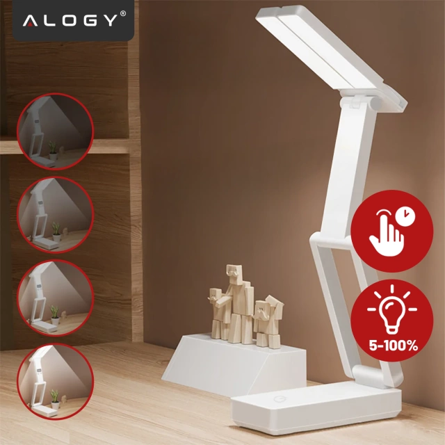 Lampa biurkowa LED 3600 mAh – regulacja natężenia i barwy światła, składana konstrukcja, zasilanie USB-C – Alogy LumiCharge Pro™ Biała