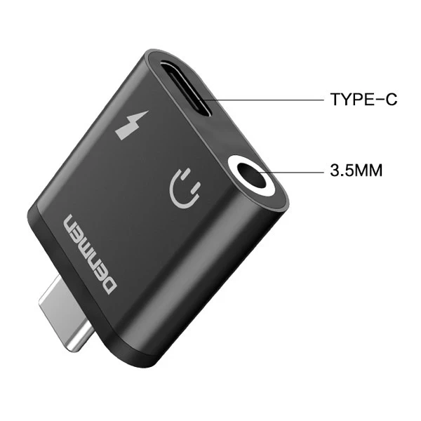 Адаптер Denmen USB-C Jack 3,5 мм HF Type-C, чорний, алюмінієвий