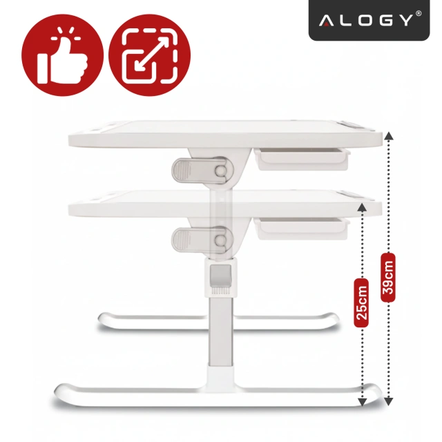 Stolik składany regulowany 60×35 cm – biurko na laptopa z szufladą i portem USB, składane nogi, stabilna konstrukcja do pracy i nauki – Alogy FoldDesk™