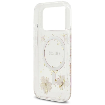 Etui Guess MagSafe do iPhone 17 Pro Resin Flowers Glitter Pink