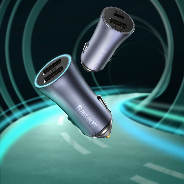 Baseus Golden Contactor Pro Autoladegerät, USB USB-C, QC4.0, PD, SCP, 40 W (grau) USB-zu-USB-C-Kabel 1 m