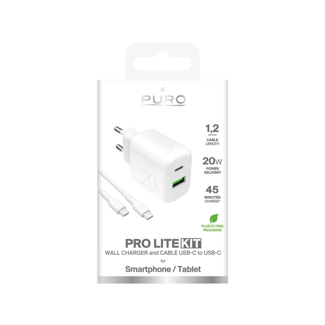 Ładowarka Puro PROLITE 20W USB-A/USB-C + kabel 1.2m – biała