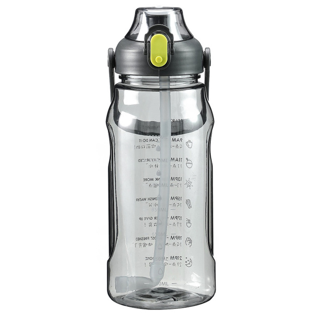 Flasche, Trinkflasche mit Strohhalm, 1,5l, motivierend, mit Erinnerung, mit motivierender Maßnahme, mit Griff, schwarze Waschbürste