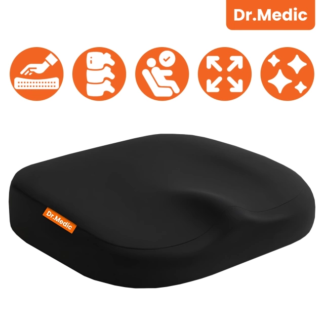 Ергономічна подушка для офісного сидіння DR.MEDIC ComfySeat™ з опорою для куприка для автомобільного офісного крісла, чорного кольору