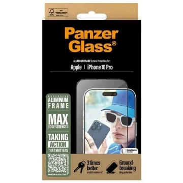 Tvrdené sklo pre iPhone 16 Pro PanzerGlass Ochranné sklo s hliníkovým rámom Ultra-Wide Fit s hliníkovým rámom